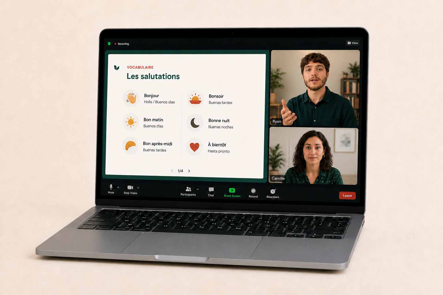 Ordenador portátil con Ryan y una alumna en un curso de francés por Zoom con traducciones al español